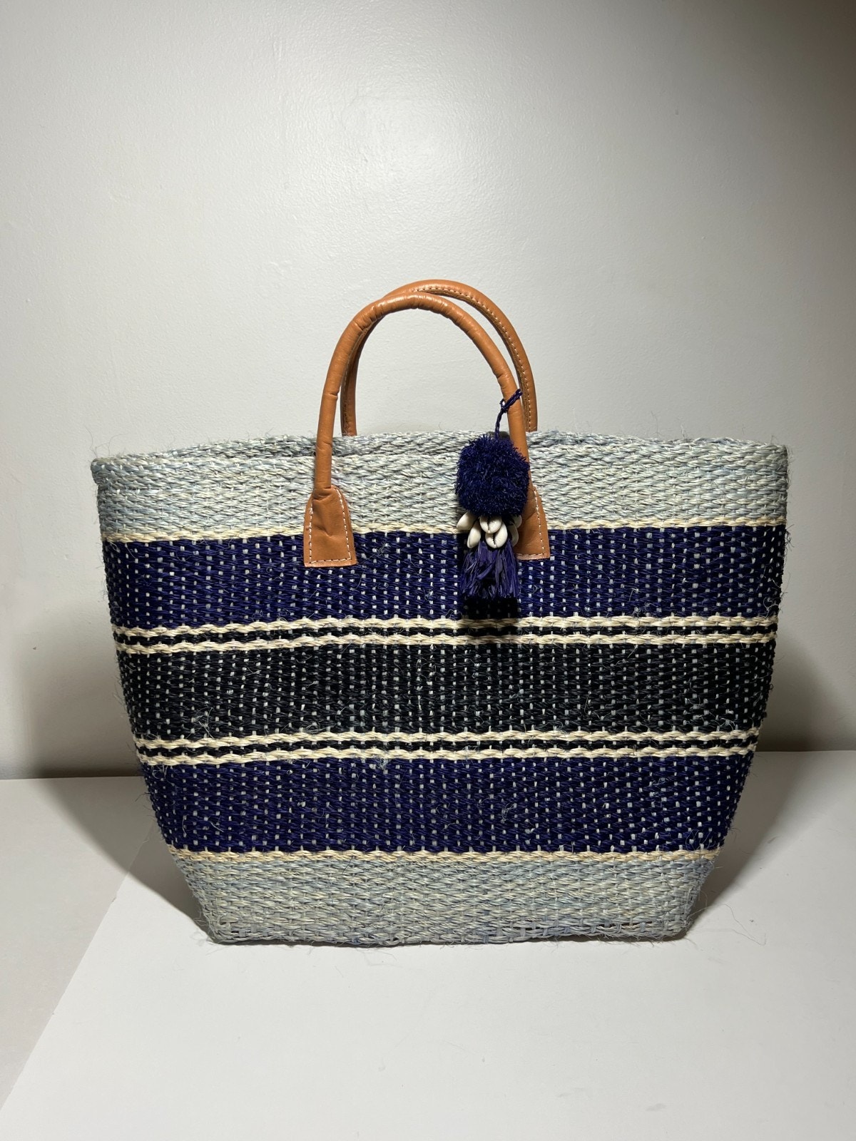 Hatattack Blue Striped Woven Straw Beach Leather Handle Tote Bag Purse Shopper